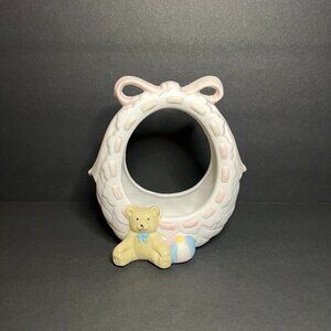 Vintage 1992 ROC Porcelain Decorative Bow Ring Basket w/ Teddy Bear Figure 4.75"